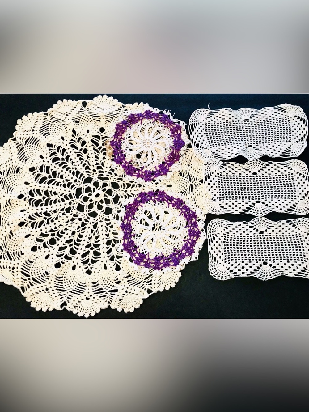 Vintage Hand Crocheted Cotton Set Of 6 Ivory & Purple Round & Rectangle Doilies
